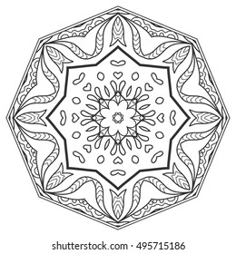 Black and white geometric mandala background. Round ornament decoration, isolated design element. Doodle art for coloring book. Tribal ethnic floral mandala sketch pattern for coloring page