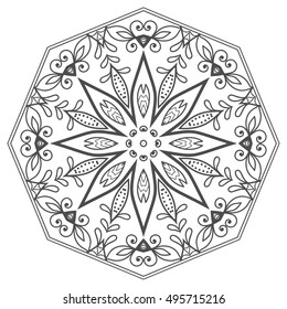 Black and white geometric mandala background. Round ornament decoration, isolated design element. Doodle art for coloring book. Tribal ethnic floral mandala sketch pattern for coloring page