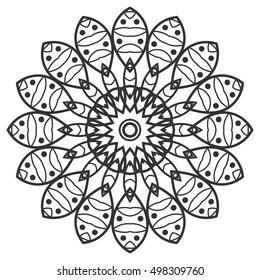 Black and white geometric mandala background. Round ornament decoration, isolated design element. Doodle art for coloring book. Tribal ethnic floral mandala sketch pattern for coloring page