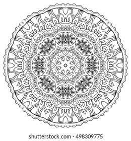 Black and white geometric mandala background. Round ornament decoration, isolated design element. Doodle art for coloring book. Tribal ethnic floral mandala sketch pattern for coloring page