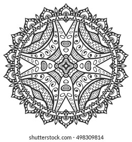 Black and white geometric mandala background. Round ornament decoration, isolated design element. Doodle art for coloring book. Tribal ethnic floral mandala sketch pattern for coloring page