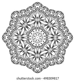 Black and white geometric mandala background. Round ornament decoration, isolated design element. Doodle art for coloring book. Tribal ethnic floral mandala sketch pattern for coloring page
