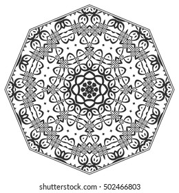Black and white geometric mandala background. Round ornament decoration, isolated design element. Doodle art for coloring book. Floral mandala sketch pattern. Tribal ethnic arabic, indian motif