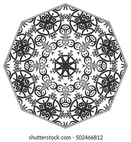 Black and white geometric mandala background. Round ornament decoration, isolated design element. Doodle art for coloring book. Floral mandala sketch pattern. Tribal ethnic arabic, indian motif
