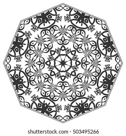 Black and white geometric mandala background. Round ornament decoration, isolated design element. Doodle art for coloring book. Floral mandala sketch pattern. Tribal ethnic arabic, indian motif