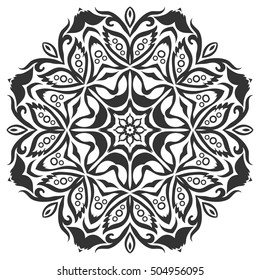 Black and white geometric mandala background. Round ornament decoration, isolated design element. Doodle art for coloring book. Floral mandala sketch pattern. Tribal ethnic arabic, indian motif
