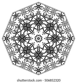 Black and white geometric mandala background. Round ornament decoration, isolated design element. Doodle art for coloring book. Floral mandala sketch pattern. Tribal ethnic arabic, indian motif