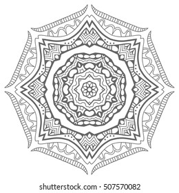 Black and white geometric mandala background. Round ornament decoration, isolated design element. Doodle art for coloring book. Tribal ethnic floral mandala sketch pattern for coloring page