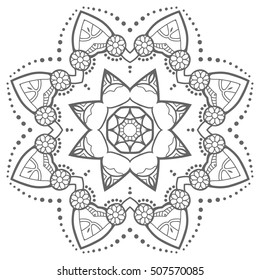 Black and white geometric mandala background. Round ornament decoration, isolated design element. Doodle art for coloring book. Tribal ethnic floral mandala sketch pattern for coloring page