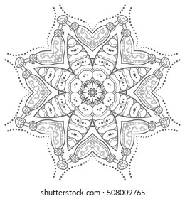 Black and white geometric mandala background. Round ornament decoration, isolated design element. Doodle art for coloring book. Tribal ethnic floral mandala sketch pattern for coloring page