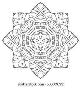 Black and white geometric mandala background. Round ornament decoration, isolated design element. Doodle art for coloring book. Tribal ethnic floral mandala sketch pattern for coloring page