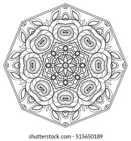 Black and white geometric mandala background. Round ornament decoration, isolated design element. Doodle art for coloring book. Tribal ethnic floral mandala sketch pattern for coloring page