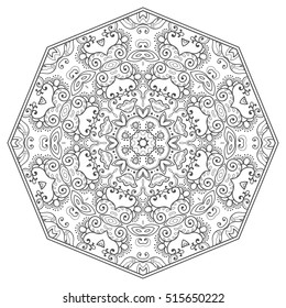 Black and white geometric mandala background. Round ornament decoration, isolated design element. Doodle art for coloring book. Tribal ethnic floral mandala sketch pattern for coloring page