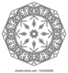 Black and white geometric mandala background. Round ornament decoration, isolated design element. Doodle art for coloring book. Tribal ethnic floral mandala sketch pattern for coloring page