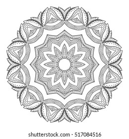 Black and white geometric mandala background. Round ornament decoration, isolated design element. Doodle art for coloring book. Tribal ethnic floral mandala sketch pattern for coloring page