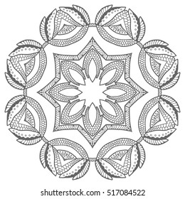 Black and white geometric mandala background. Round ornament decoration, isolated design element. Doodle art for coloring book. Tribal ethnic floral mandala sketch pattern for coloring page