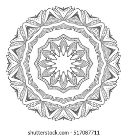 Black and white geometric mandala background. Round ornament decoration, isolated design element. Doodle art for coloring book. Tribal ethnic floral mandala sketch pattern for coloring page