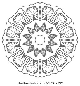 Black and white geometric mandala background. Round ornament decoration, isolated design element. Doodle art for coloring book. Tribal ethnic floral mandala sketch pattern for coloring page
