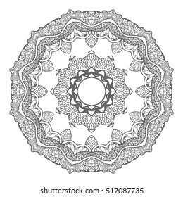 Black and white geometric mandala background. Round ornament decoration, isolated design element. Doodle art for coloring book. Tribal ethnic floral mandala sketch pattern for coloring page