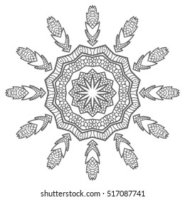 Black and white geometric mandala background. Round ornament decoration, isolated design element. Doodle art for coloring book. Tribal ethnic floral mandala sketch pattern for coloring page