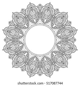 Black and white geometric mandala background. Round ornament decoration, isolated design element. Doodle art for coloring book. Tribal ethnic floral mandala sketch pattern for coloring page