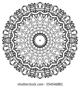 Black and white geometric mandala background. Round ornament decoration, isolated design element. Doodle art for coloring book. Floral mandala sketch pattern. Tribal ethnic arabic, indian motif