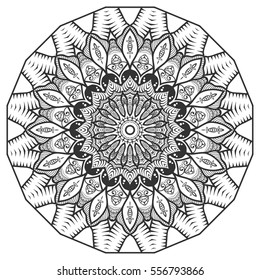 Black and white geometric mandala background. Round ornament decoration, isolated design element. Doodle art for coloring book. Floral mandala sketch pattern. Tribal ethnic arabic, indian motif