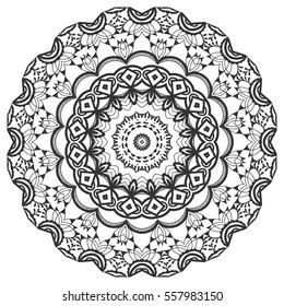 Black and white geometric mandala background. Round ornament decoration, isolated design element. Doodle art for coloring book. Floral mandala sketch pattern. Tribal ethnic arabic, indian motif