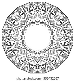 Black and white geometric mandala background. Round ornament decoration, isolated design element. Doodle art for coloring book. Floral mandala sketch pattern. Tribal ethnic arabic, indian motif