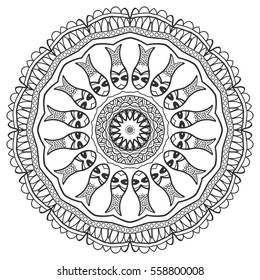Black and white geometric mandala background. Round ornament decoration, isolated design element. Doodle art for coloring book. Floral mandala sketch pattern. Tribal ethnic arabic, indian motif