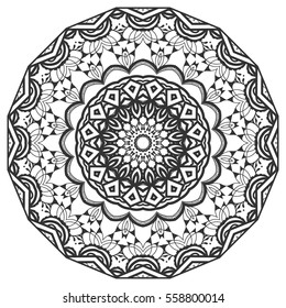 Black and white geometric mandala background. Round ornament decoration, isolated design element. Doodle art for coloring book. Floral mandala sketch pattern. Tribal ethnic arabic, indian motif