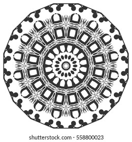 Black and white geometric mandala background. Round ornament decoration, isolated design element. Doodle art for coloring book. Floral mandala sketch pattern. Tribal ethnic arabic, indian motif