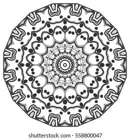 Black and white geometric mandala background. Round ornament decoration, isolated design element. Doodle art for coloring book. Floral mandala sketch pattern. Tribal ethnic arabic, indian motif