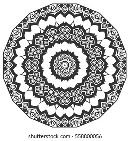 Black and white geometric mandala background. Round ornament decoration, isolated design element. Doodle art for coloring book. Floral mandala sketch pattern. Tribal ethnic arabic, indian motif