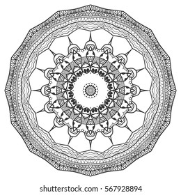 Black and white geometric mandala background. Round ornament decoration, isolated design element. Doodle art for coloring book. Tribal ethnic floral mandala sketch pattern for coloring page