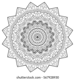 Black and white geometric mandala background. Round ornament decoration, isolated design element. Doodle art for coloring book. Tribal ethnic floral mandala sketch pattern for coloring page
