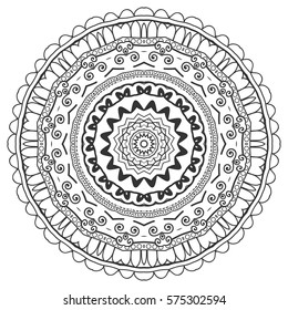 Black and white geometric mandala background. Round ornament decoration, isolated design element. Doodle art for coloring book. Tribal ethnic floral mandala sketch pattern for coloring page