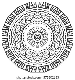 Black and white geometric mandala background. Round ornament decoration, isolated design element. Doodle art for coloring book. Tribal ethnic floral mandala sketch pattern for coloring page