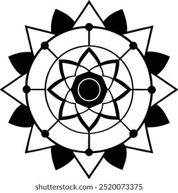 Black and white geometric mandala design featuring circular patterns and symmetrical shapes, ideal for meditation and art
