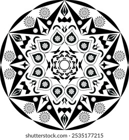 Black and White Geometric Mandala with Floral and Abstract Patterns, Perfect for Meditation, Coloring Books, Spiritual Art,
 Sacred Geometry, Zen Wall Art, Home Decor, and Textile Designs