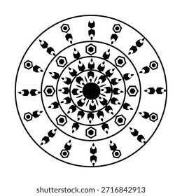 Black and white geometric mandala with hexagonal and tribal motifs.