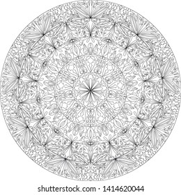 Black and white geometric mandala pattern. Round ornament decoration, isolated design element. Zentangle art for coloring book. Tribal ethnic floral mandala pattern doodle sketch for coloring page