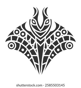 Black and white geometric manta ray artwork with intricate tribal patterns, bold symmetry, and abstract decorative details. Geometric Manta Ray Tribal Illustration