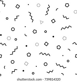 Black and white geometric memphis pattern with zig-zag lines, triangles, squares, waves,hexagones and circles. 80s and 90s graphic design style. Vector seamless background.