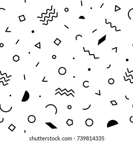 Black and white geometric memphis pattern with zig-zag lines, triangles, squares, waves,hexagones and circles. 80s and 90s graphic design style. Vector seamless background.