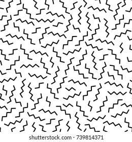 Black And White Geometric Memphis Pattern With Wavy Zig Zag Lines. 80s And 90s Graphic Design Style. Vector Seamless Background.