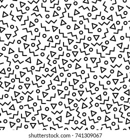Black and white geometric memphis pattern with zig-zag lines, triangles and circles. 80s and 90s graphic design style. Vector seamless background.