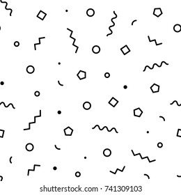 Black and white geometric memphis pattern with zig-zag lines, triangles, squares, waves,hexagones and circles. 80s and 90s graphic design style. Vector seamless background.
