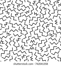 Black And White Geometric Memphis Pattern With Wavy Zig Zag Lines. 80s And 90s Graphic Design Style. Vector Seamless Background.