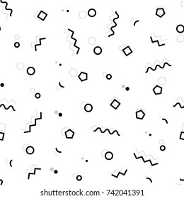 Black and white geometric memphis pattern with zig-zag lines, triangles, squares, waves,hexagones and circles. 80s and 90s graphic design style. Vector seamless background.